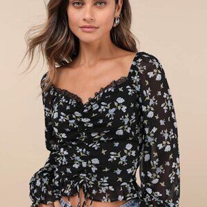 Feeling So Sweet Black Floral Ruched Ruffled Long Sleeve Top